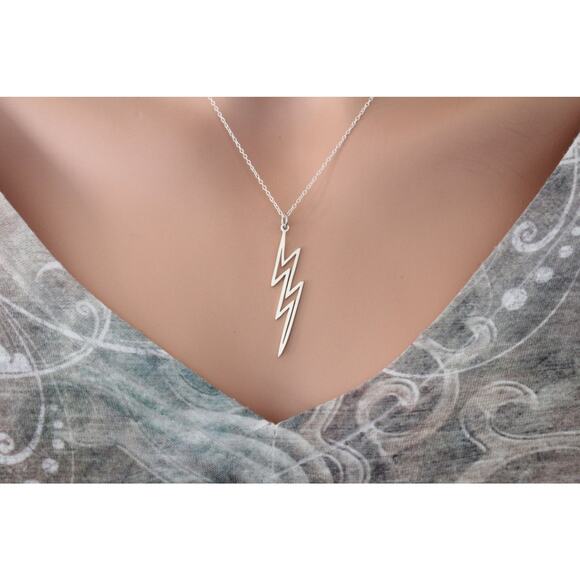 Sterling Silver Lightning Bolt Charm Necklace, Lightning Bolt Necklace - Picture 1 of 3